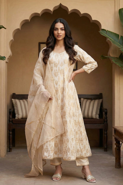 Off White Zari Work Jacquard Anarkali Kurta with Straight Pants and Dupatta Set