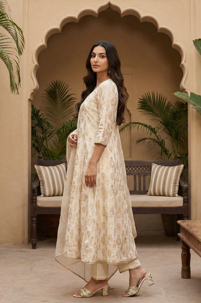 Off White Zari Work Jacquard Anarkali Kurta with Straight Pants and Dupatta Set