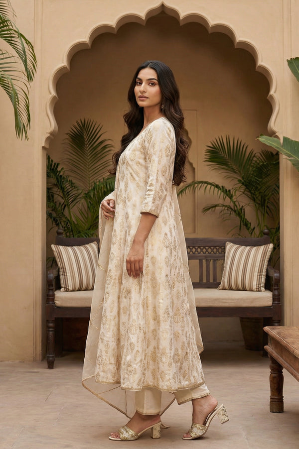 Off White Zari Work Jacquard Anarkali Kurta with Straight Pants and Dupatta Set