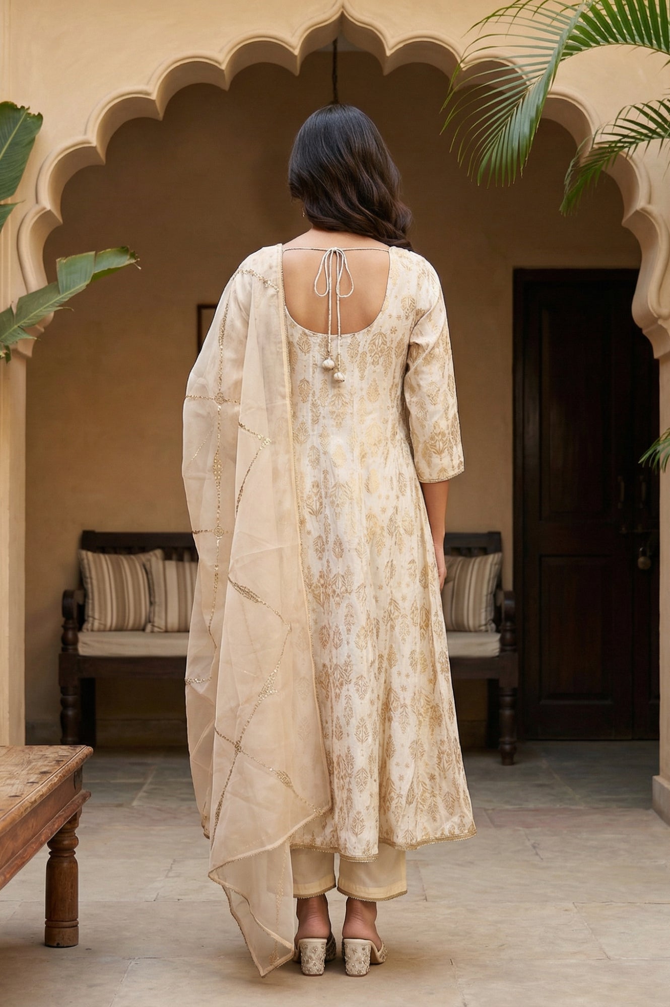 Off White Zari Work Jacquard Anarkali Kurta with Straight Pants and Dupatta Set