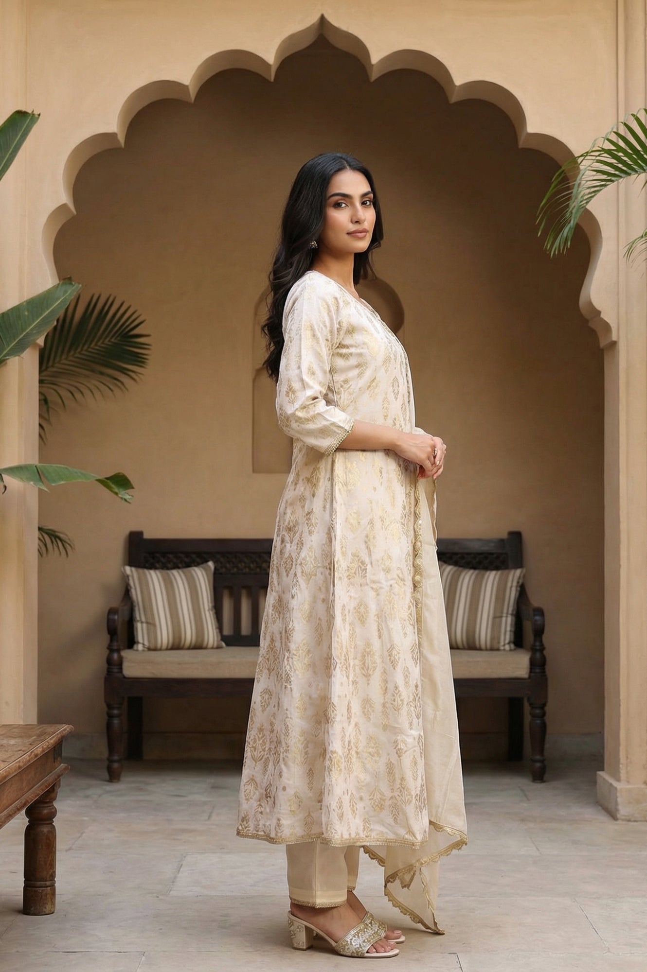 Off White Zari Work Jacquard Anarkali Kurta with Straight Pants and Dupatta Set