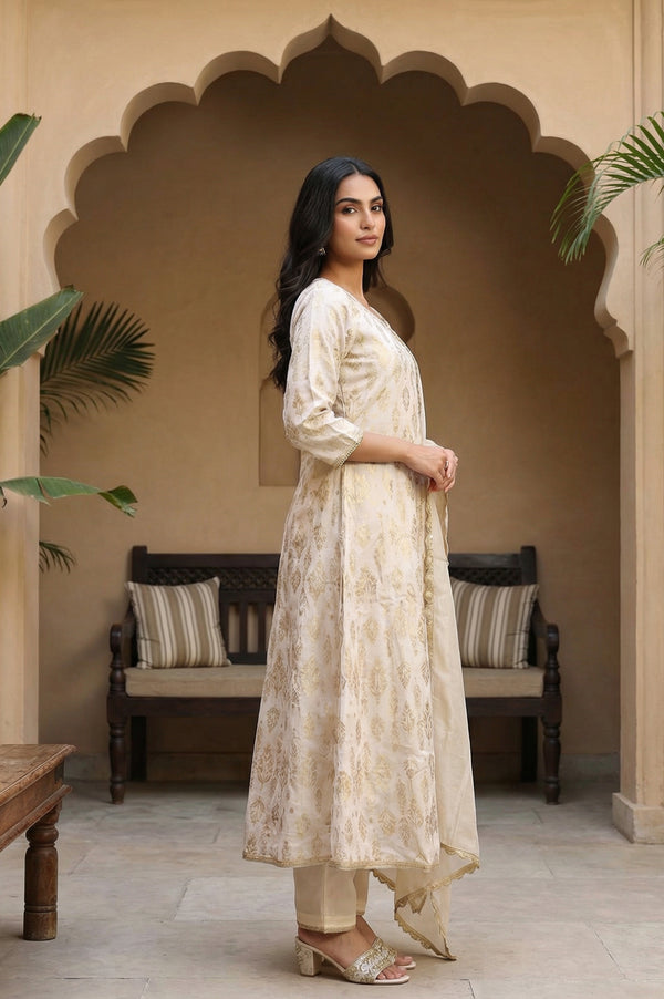 Off White Zari Work Jacquard Anarkali Kurta with Straight Pants and Dupatta Set
