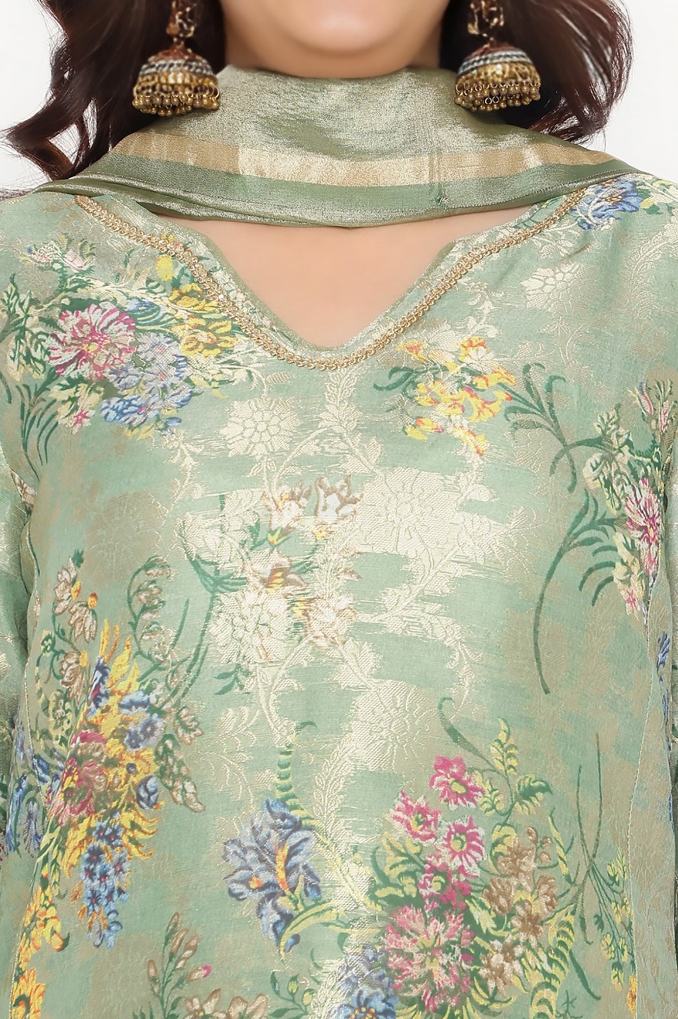 Mint Green Printed Jacquard A-line Kurta, Straight Pant and Dupatta Set