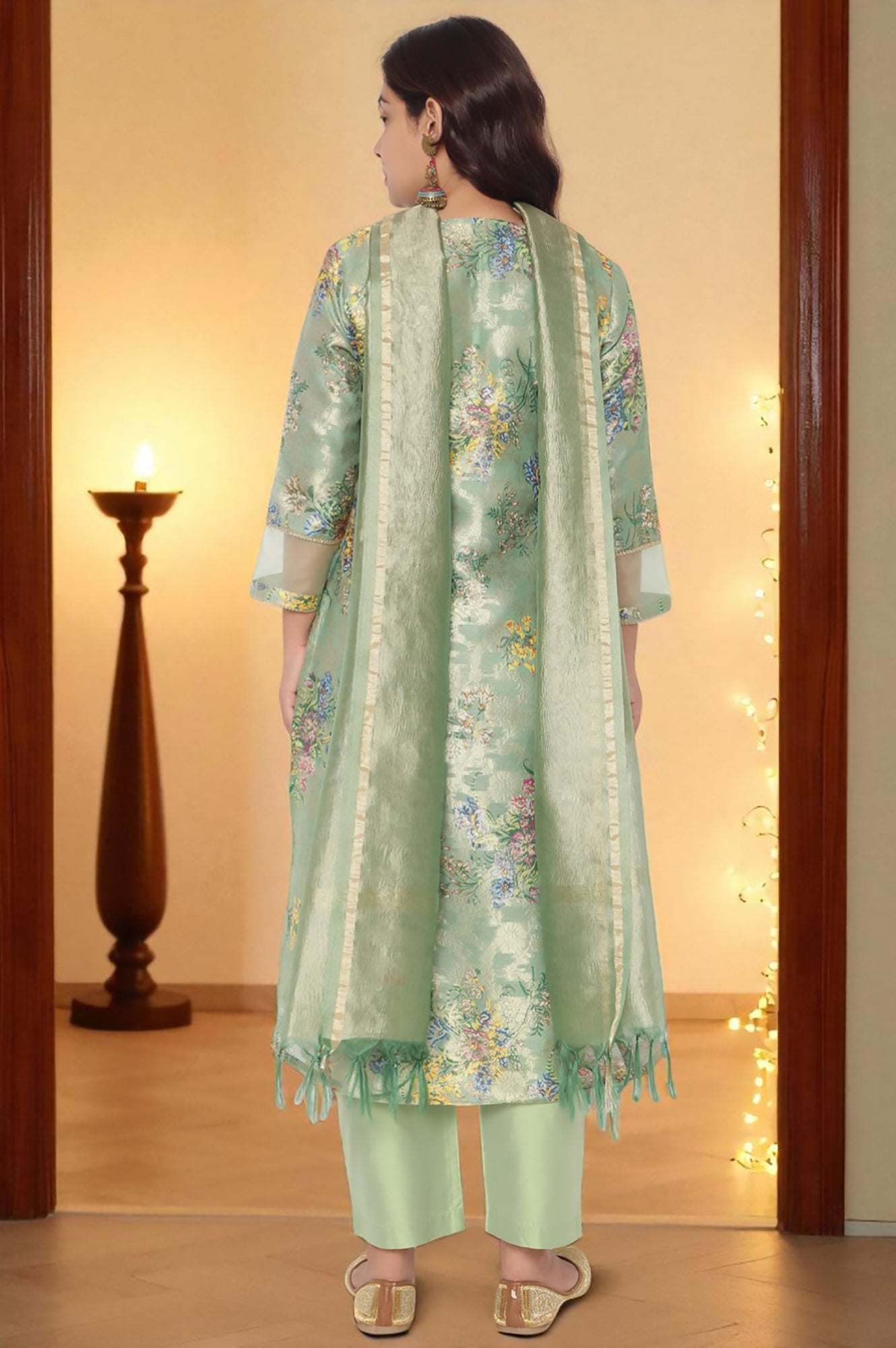 Mint Green Printed Jacquard A-line Kurta, Straight Pant and Dupatta Set