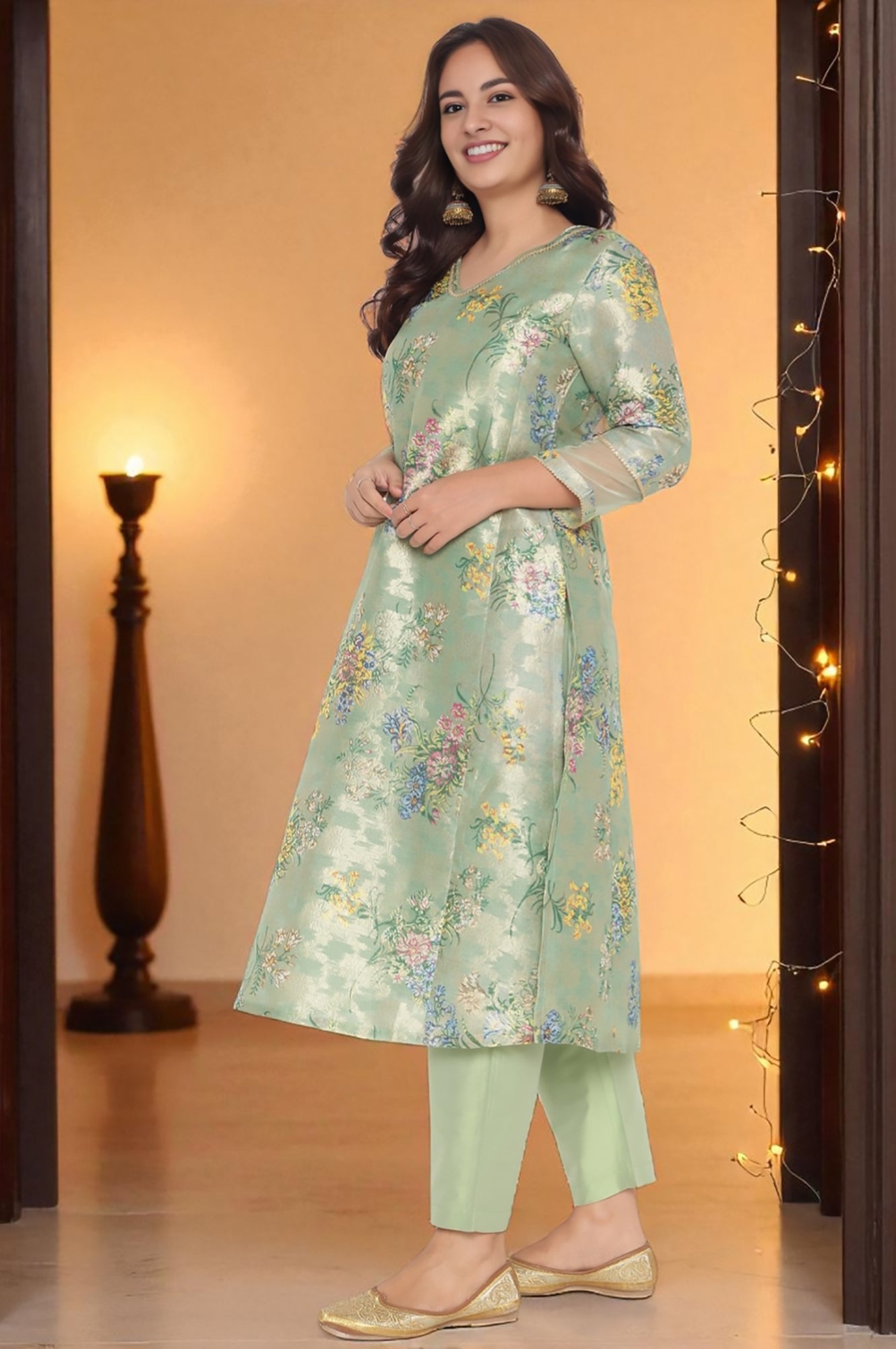 Mint Green Printed Jacquard A-line Kurta, Straight Pant and Dupatta Set
