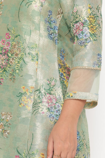 Mint Green Printed Jacquard A-line Kurta, Straight Pant and Dupatta Set