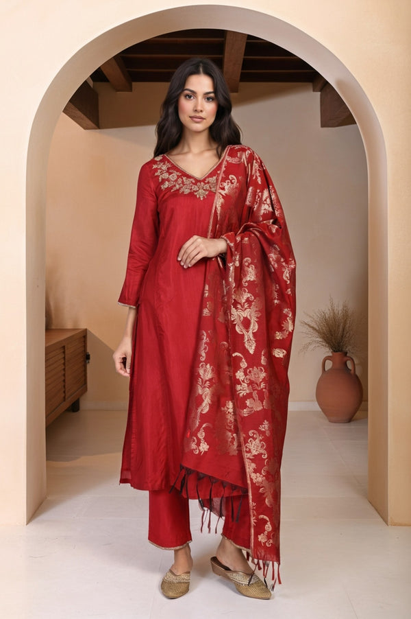 Red Solid Aari Work Straight Silk Kurta with Pant and Dupatta Set