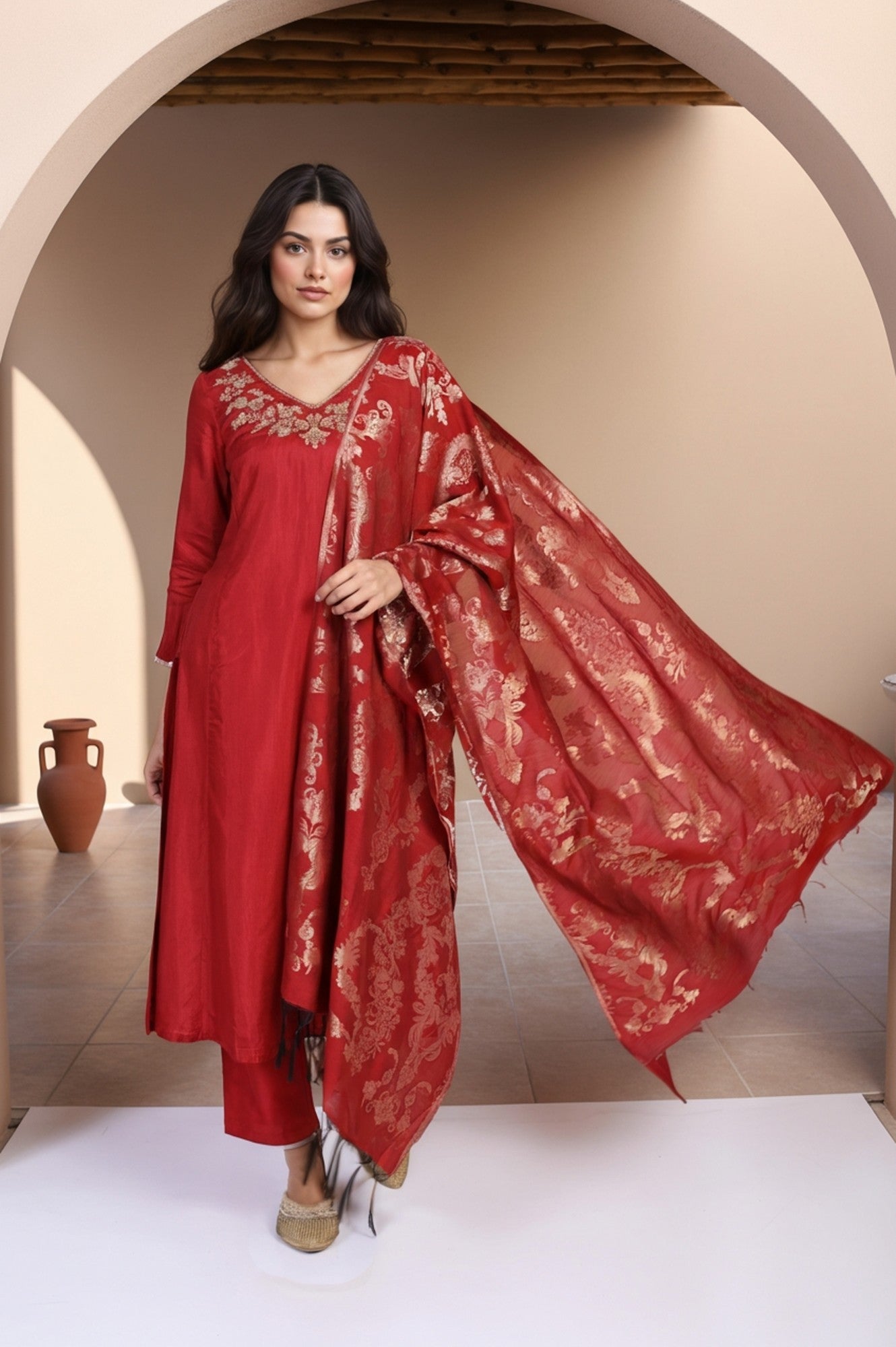 Red Solid Aari Work Straight Silk Kurta with Pant and Dupatta Set