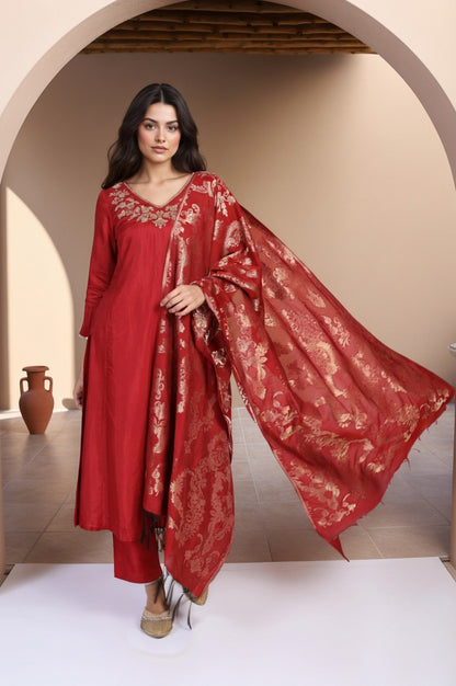 Red Solid Aari Work Straight Silk Kurta with Pant and Dupatta Set
