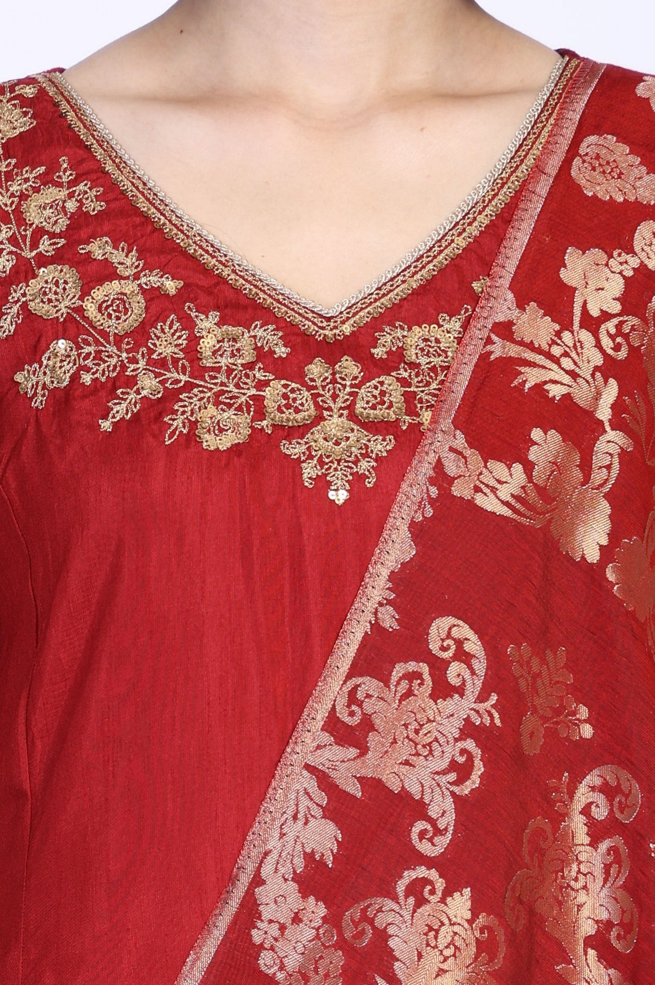 Red Solid Aari Work Straight Silk Kurta with Pant and Dupatta Set