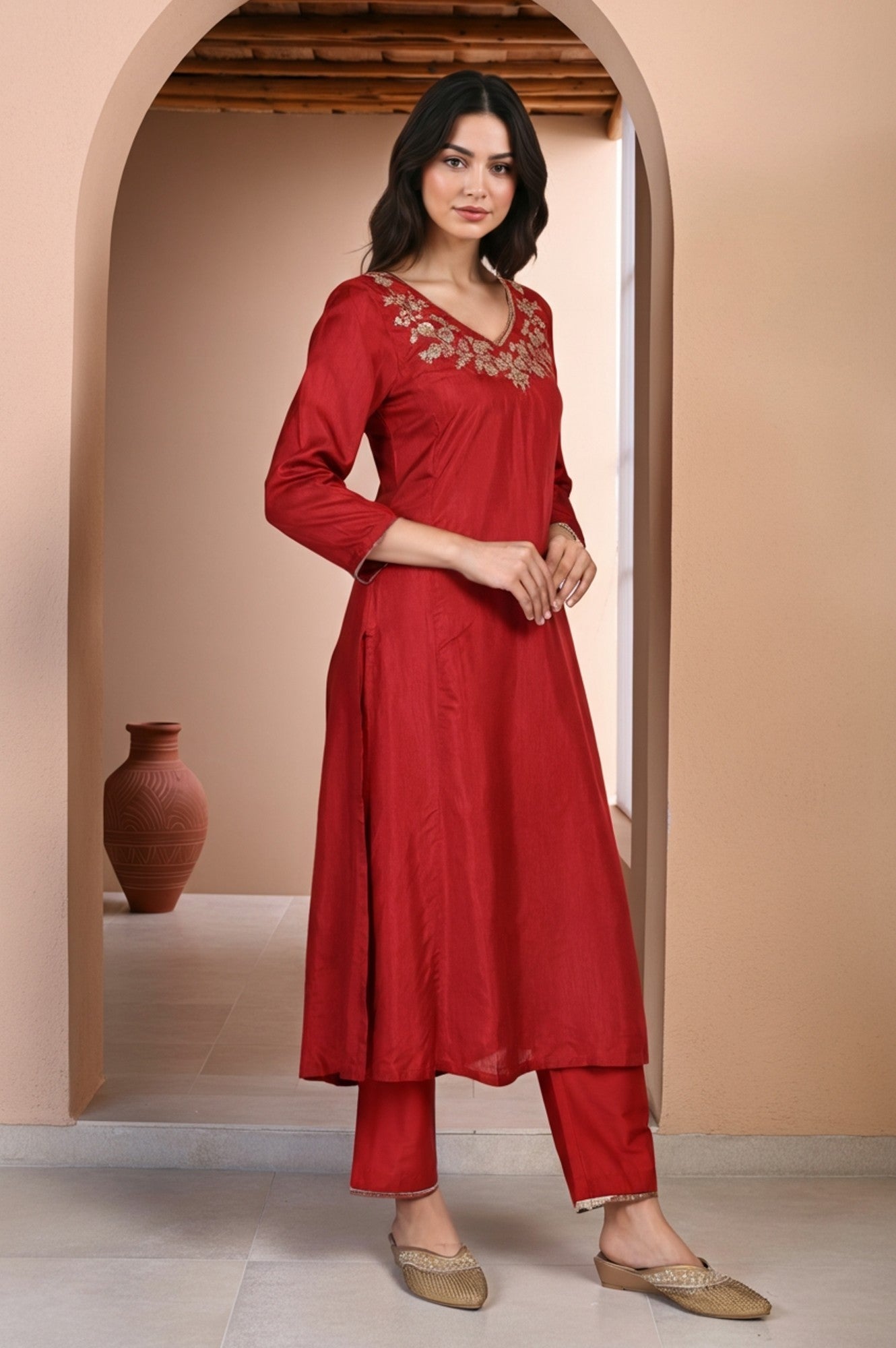 Red Solid Aari Work Straight Silk Kurta with Pant and Dupatta Set