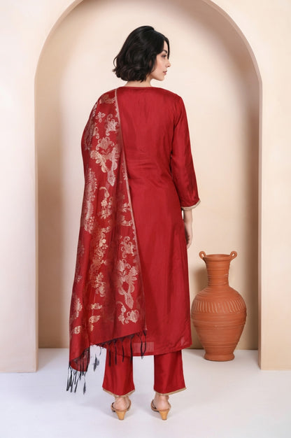 Red Solid Aari Work Straight Silk Kurta with Pant and Dupatta Set
