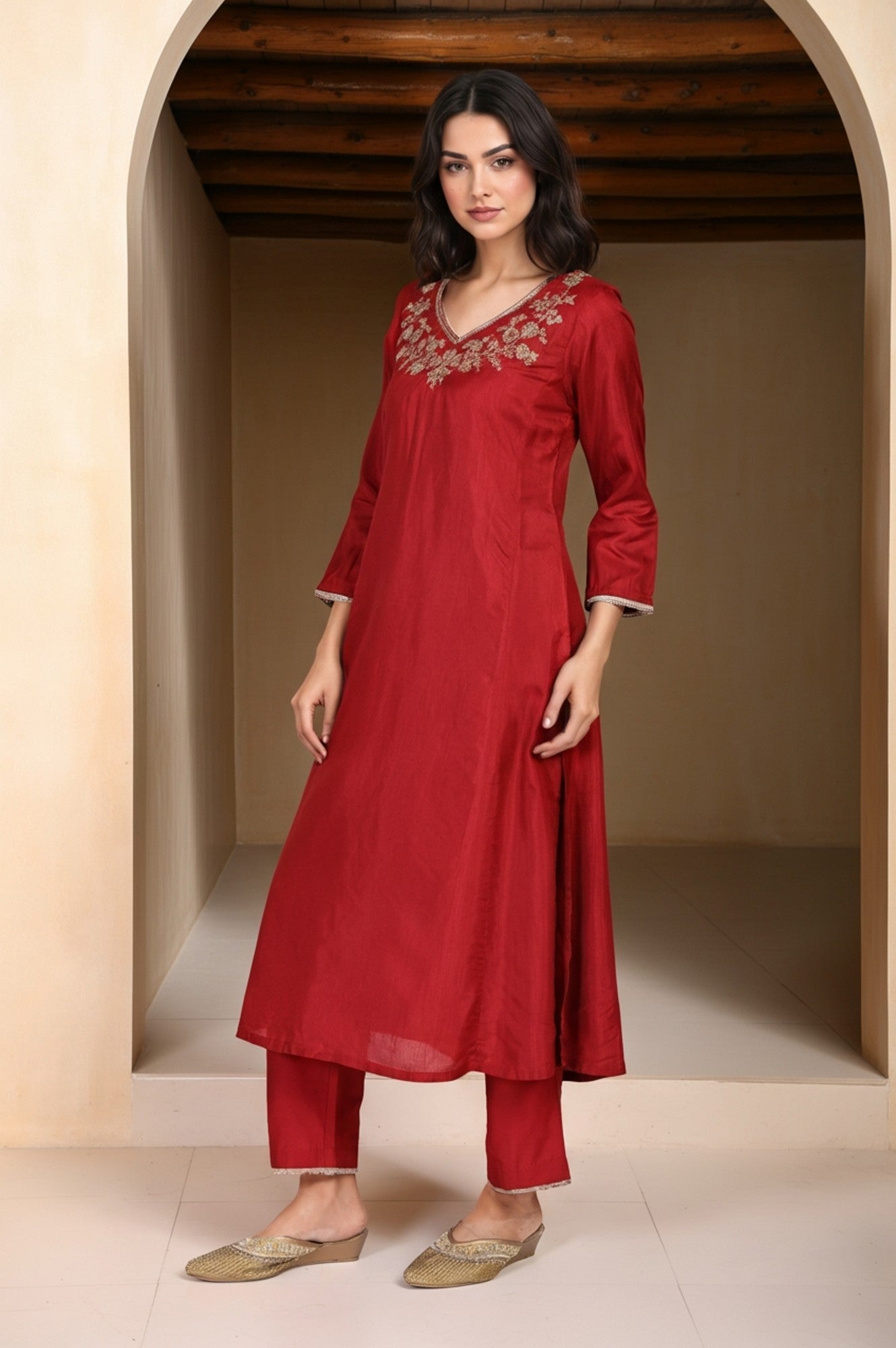 Red Solid Aari Work Straight Silk Kurta with Pant and Dupatta Set