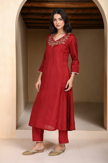 Red Solid Aari Work Straight Silk Kurta with Pant and Dupatta Set