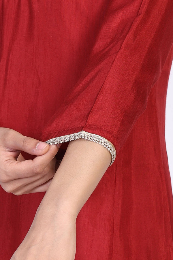 Red Solid Aari Work Straight Silk Kurta with Pant and Dupatta Set