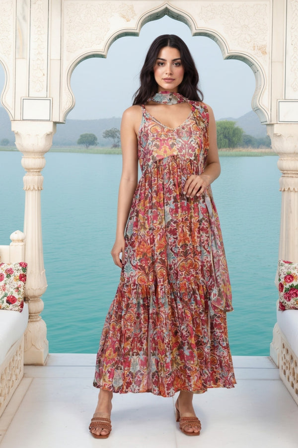 White Floral Printed Tape Detail Flared Chiffon Kurta with Pant and Dupatta Set