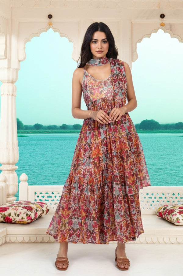 White Floral Printed Tape Detail Flared Chiffon Kurta with Pant and Dupatta Set
