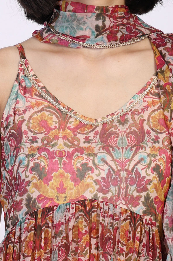 White Floral Printed Tape Detail Flared Chiffon Kurta with Pant and Dupatta Set