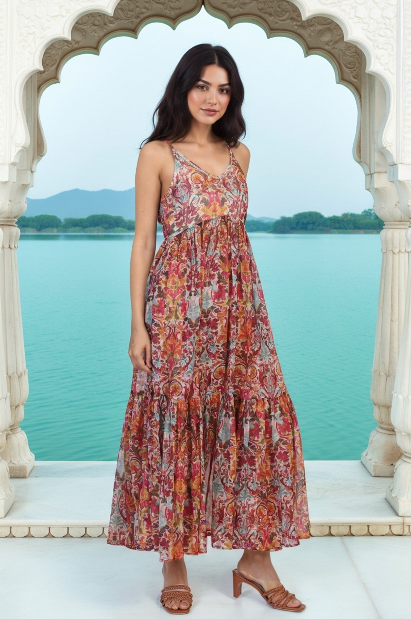 White Floral Printed Tape Detail Flared Chiffon Kurta with Pant and Dupatta Set