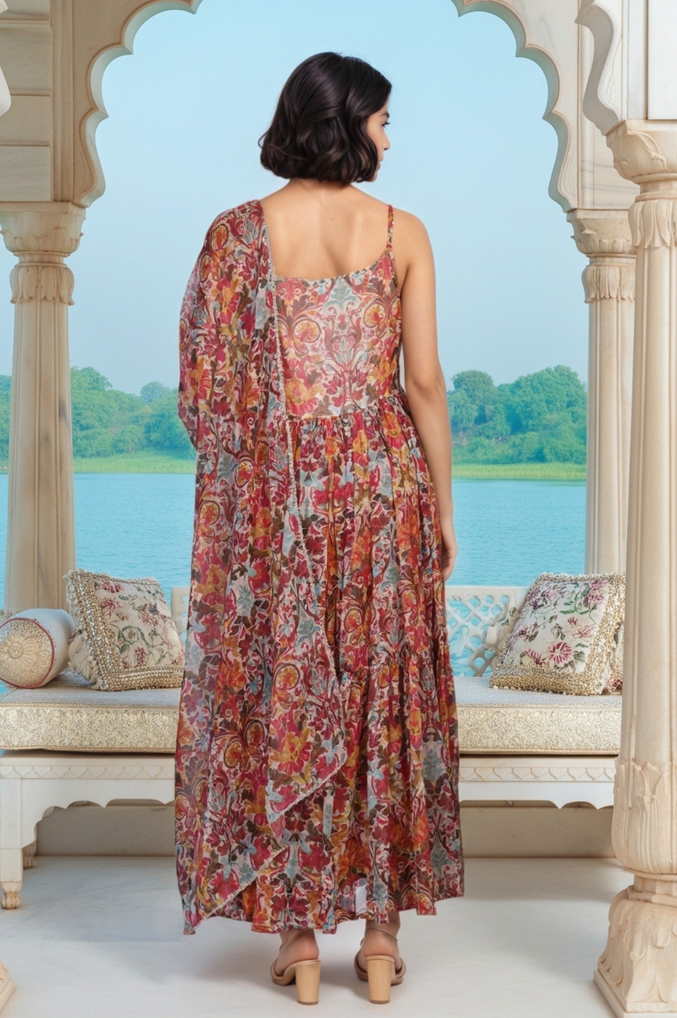 White Floral Printed Tape Detail Flared Chiffon Kurta with Pant and Dupatta Set