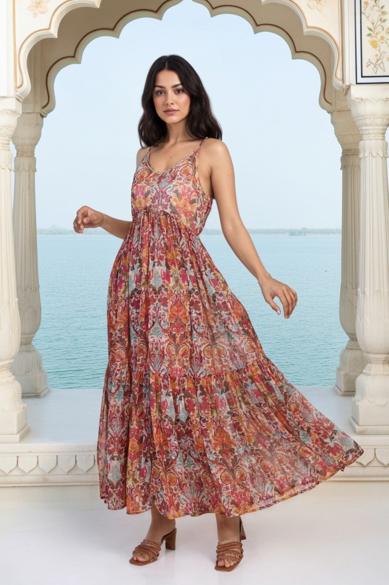 White Floral Printed Tape Detail Flared Chiffon Kurta with Pant and Dupatta Set