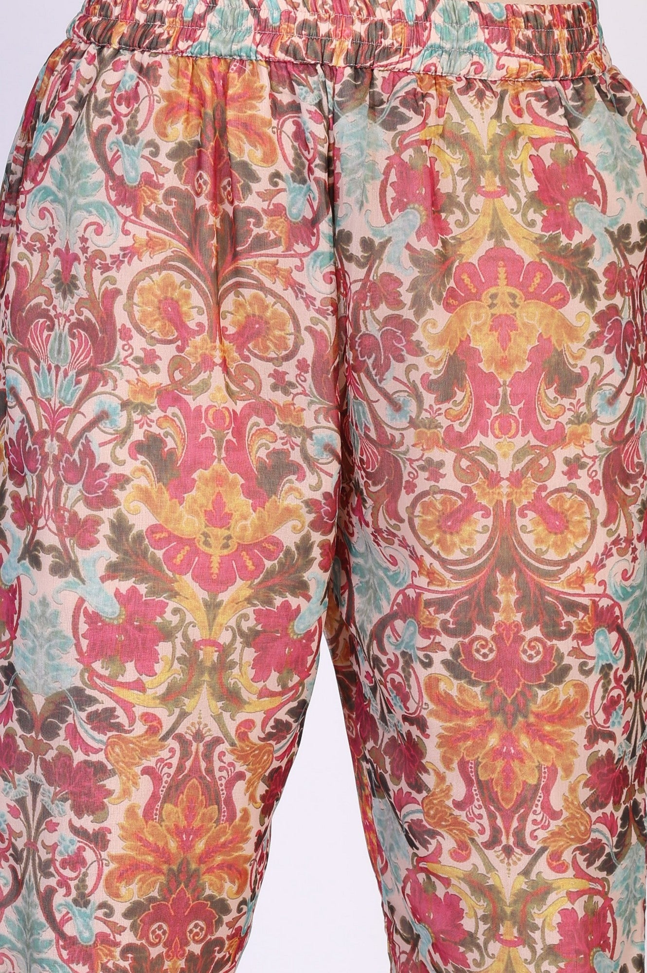 White Floral Printed Tape Detail Flared Chiffon Kurta with Pant and Dupatta Set