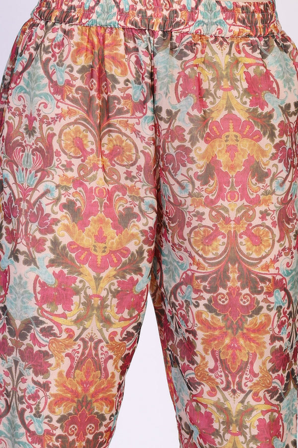 White Floral Printed Tape Detail Flared Chiffon Kurta with Pant and Dupatta Set