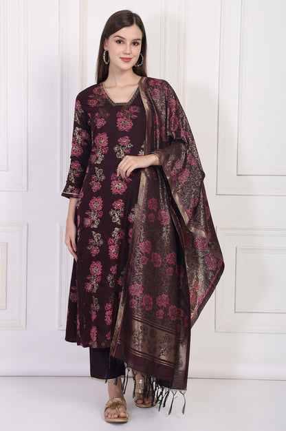 Maroon Lace Trim A-Line Jacquard Kurta with Straight Pant and Dupatta Set