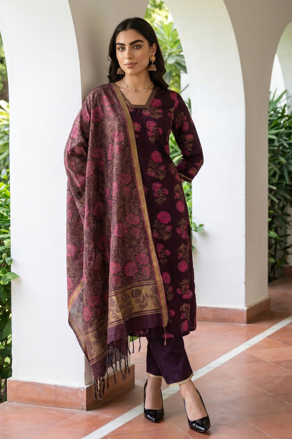 Maroon Lace Trim A-Line Jacquard Kurta with Straight Pant and Dupatta Set