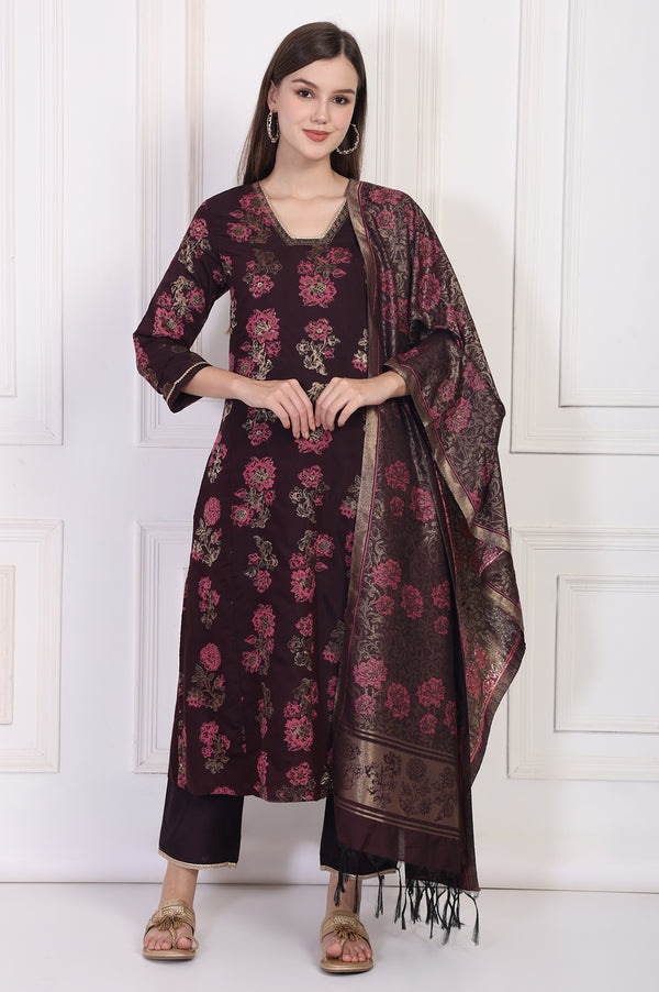 Maroon Lace Trim A-Line Jacquard Kurta with Straight Pant and Dupatta Set