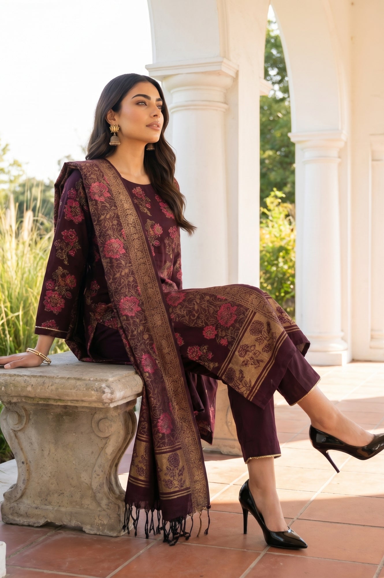 Maroon Lace Trim A-Line Jacquard Kurta with Straight Pant and Dupatta Set