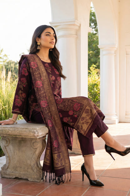 Maroon Lace Trim A-Line Jacquard Kurta with Straight Pant and Dupatta Set