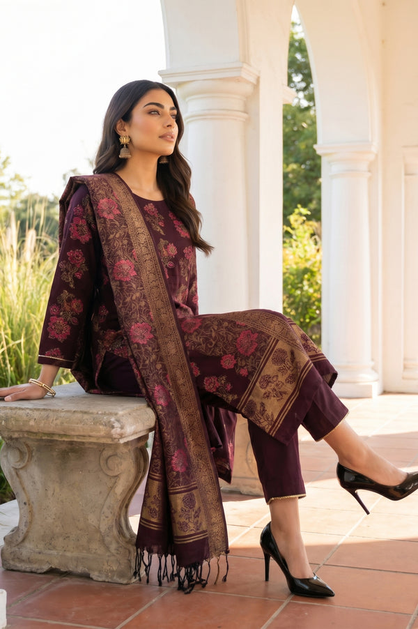 Maroon Lace Trim A-Line Jacquard Kurta with Straight Pant and Dupatta Set