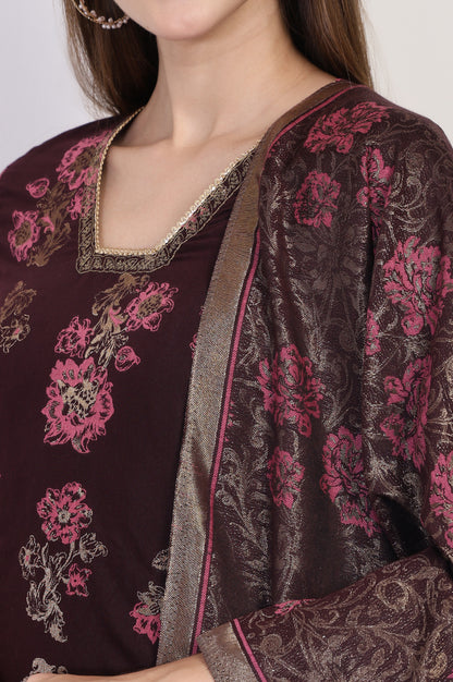 Maroon Lace Trim A-Line Jacquard Kurta with Straight Pant and Dupatta Set