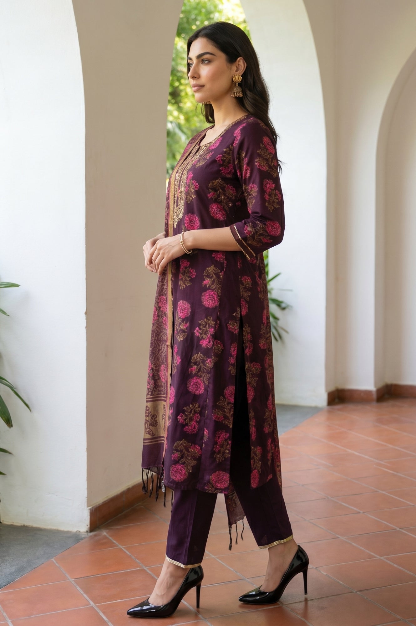 Maroon Lace Trim A-Line Jacquard Kurta with Straight Pant and Dupatta Set