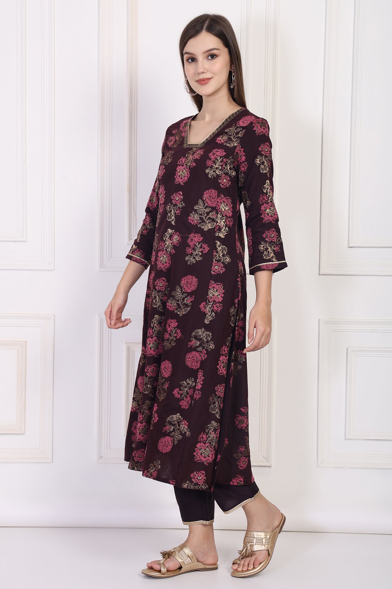 Maroon Lace Trim A-Line Jacquard Kurta with Straight Pant and Dupatta Set