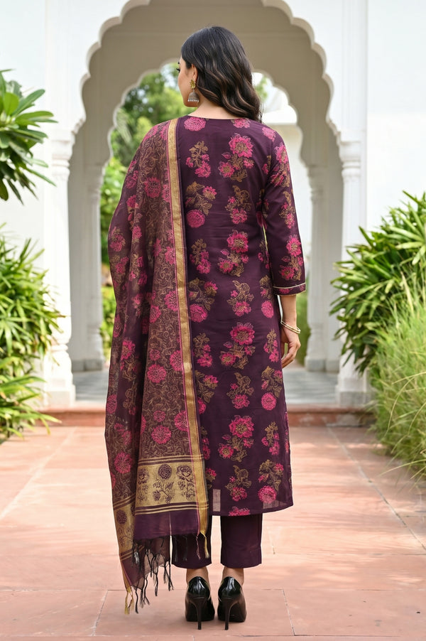 Maroon Lace Trim A-Line Jacquard Kurta with Straight Pant and Dupatta Set