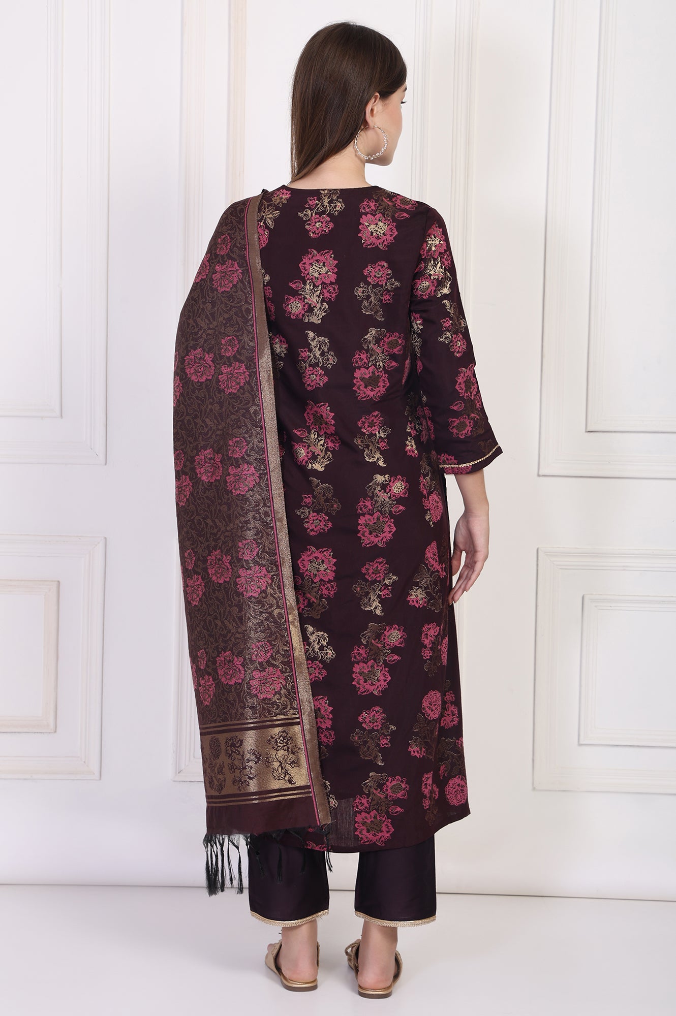 Maroon Lace Trim A-Line Jacquard Kurta with Straight Pant and Dupatta Set