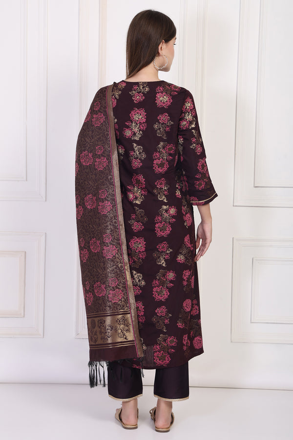 Maroon Lace Trim A-Line Jacquard Kurta with Straight Pant and Dupatta Set