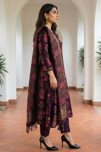 Maroon Lace Trim A-Line Jacquard Kurta with Straight Pant and Dupatta Set