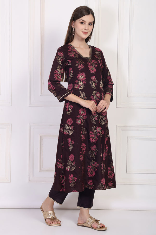 Maroon Lace Trim A-Line Jacquard Kurta with Straight Pant and Dupatta Set