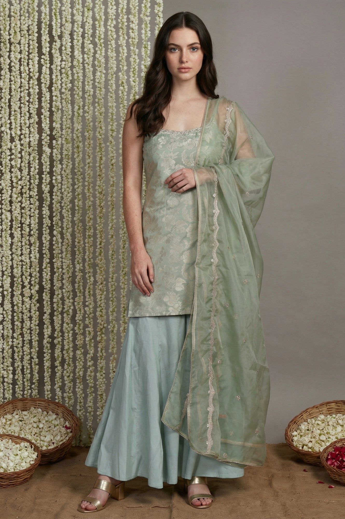 Green Jacquard Zari Straight Kurta with Sharara and Dupatta