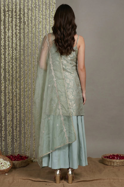 Green Jacquard Zari Straight Kurta with Sharara and Dupatta