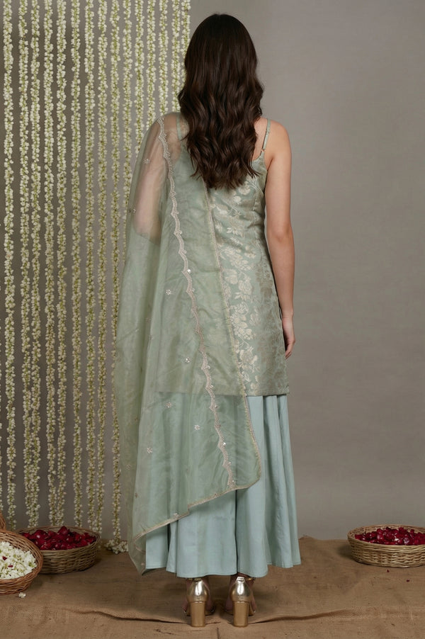 Green Jacquard Zari Straight Kurta with Sharara and Dupatta