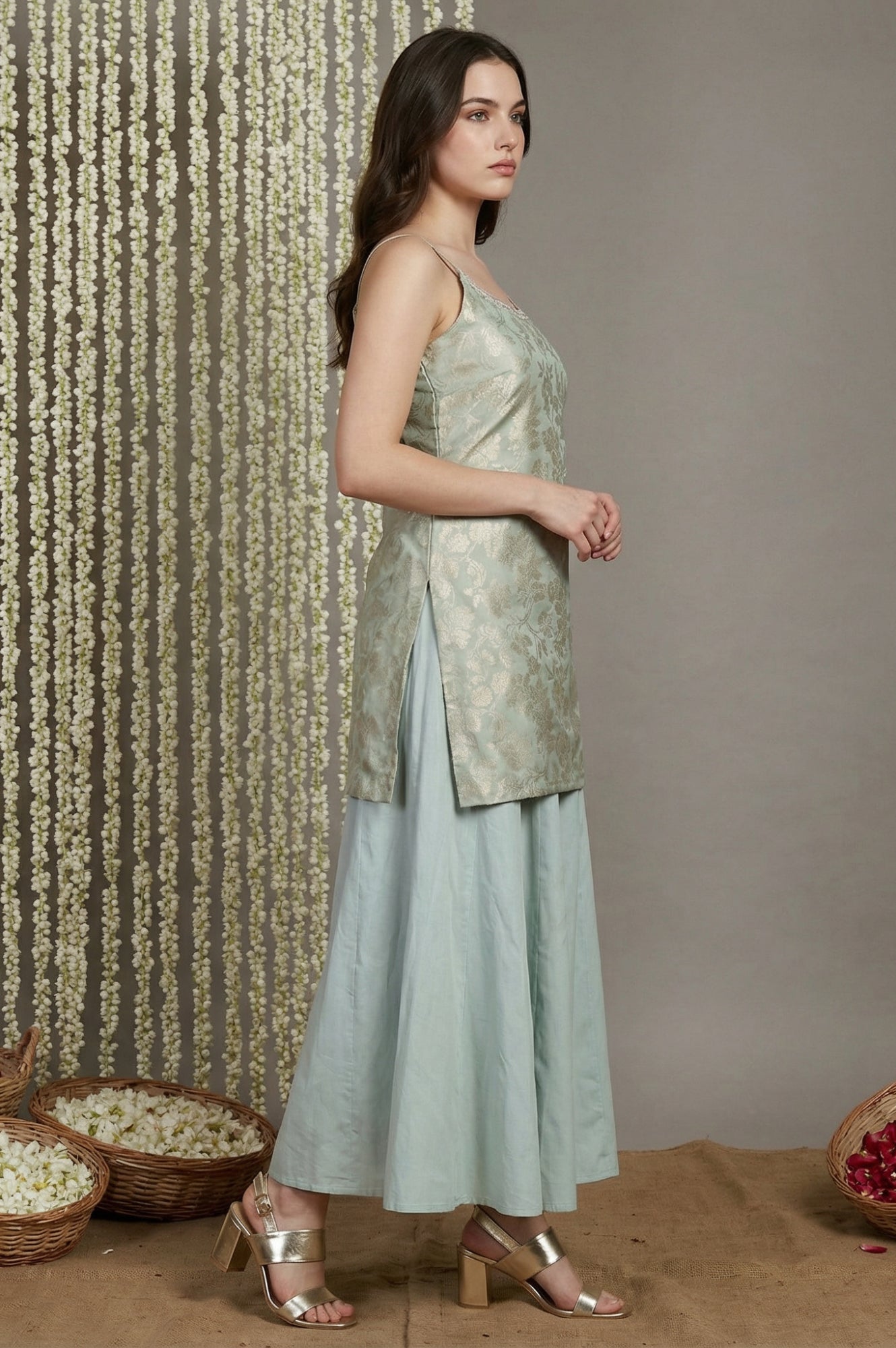 Green Jacquard Zari Straight Kurta with Sharara and Dupatta