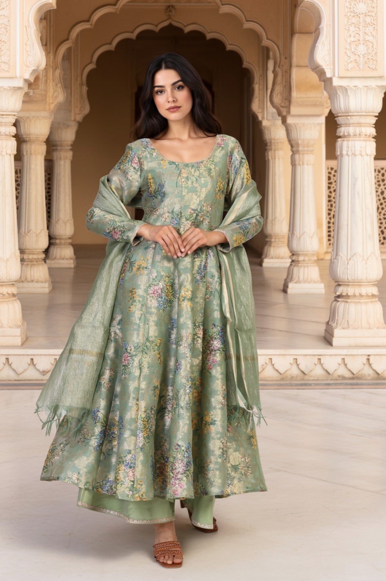 Mint Green Floral Print Tape Anarkali Jacquard Kurta with Flared Pant and Dupatta Set