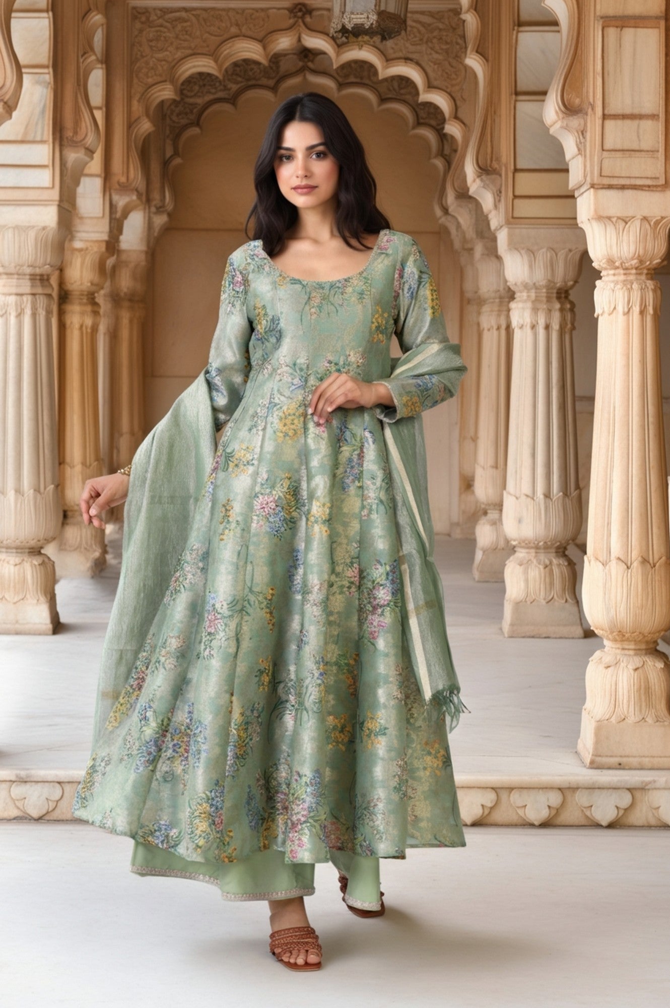 Mint Green Floral Print Tape Anarkali Jacquard Kurta with Flared Pant and Dupatta Set