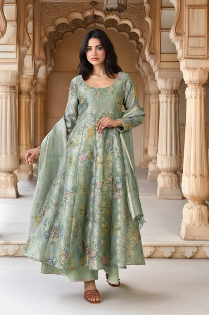 Mint Green Floral Print Tape Anarkali Jacquard Kurta with Flared Pant and Dupatta Set