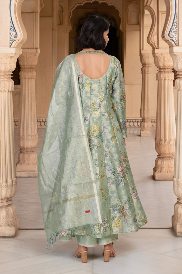 Mint Green Floral Print Tape Anarkali Jacquard Kurta with Flared Pant and Dupatta Set
