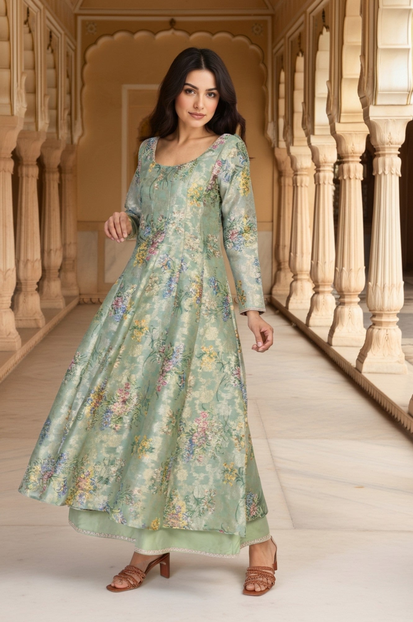 Mint Green Floral Print Tape Anarkali Jacquard Kurta with Flared Pant and Dupatta Set